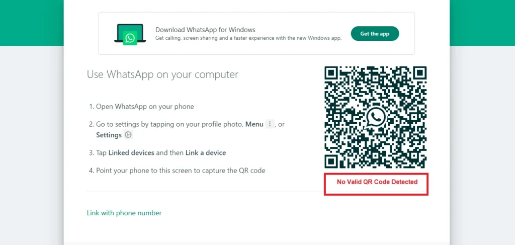 No Valid QR Code Detected error on web whatsapp