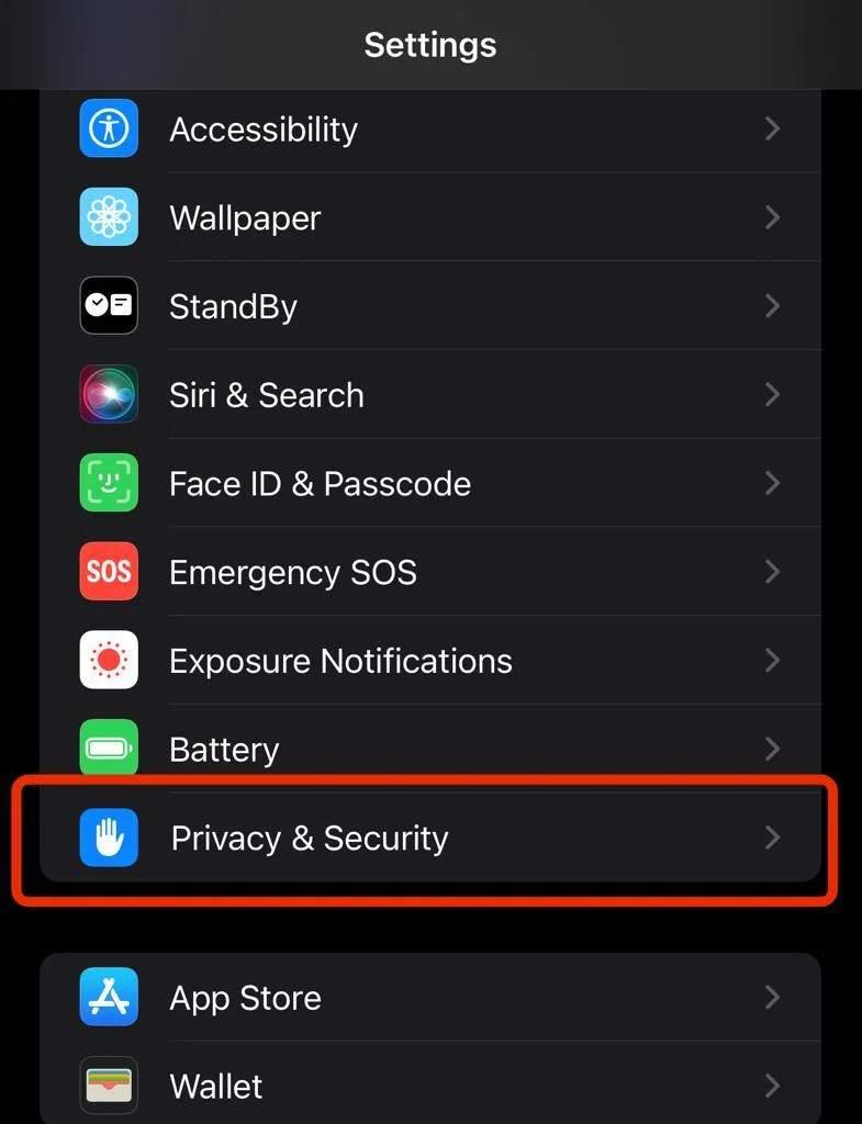 Privacy & Security Menu Option on iPhone or iOS.