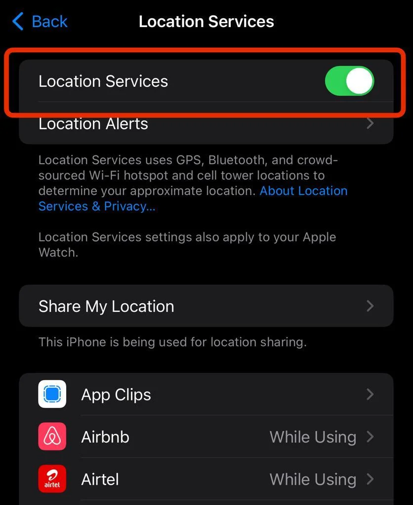 Toggle switch to enable or disable location services on iPhone or iOS.